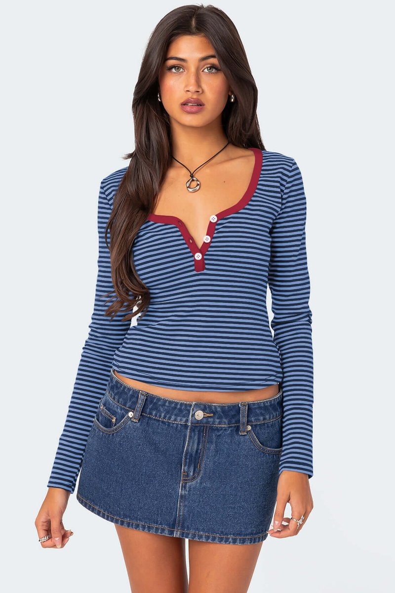 Women's Striped Long-Sleeve Henley V-Neck Top