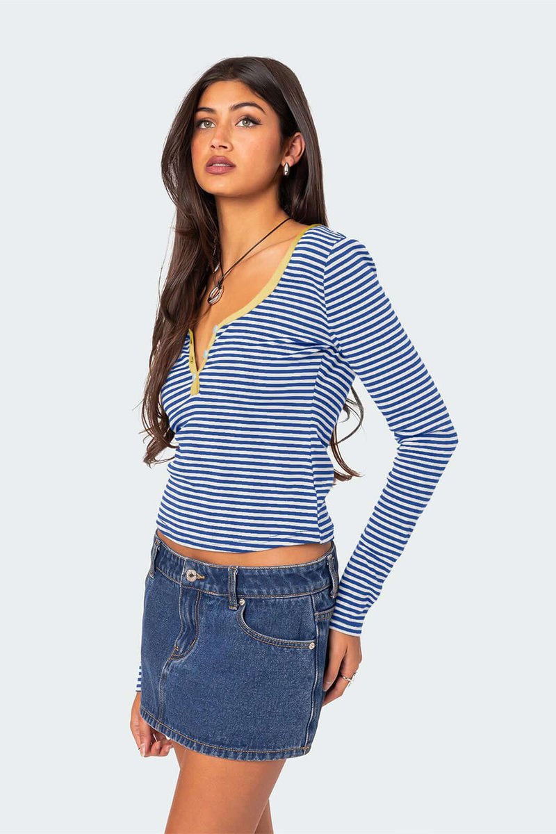 Women's Striped Long-Sleeve Henley V-Neck Top