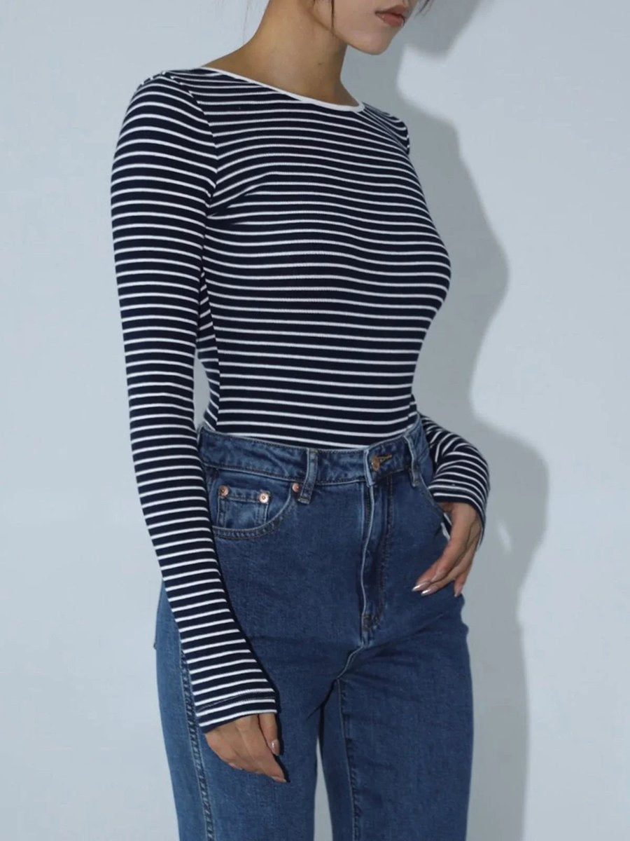 Women's Striped Long-Sleeve Open-Back Bodysuit Top