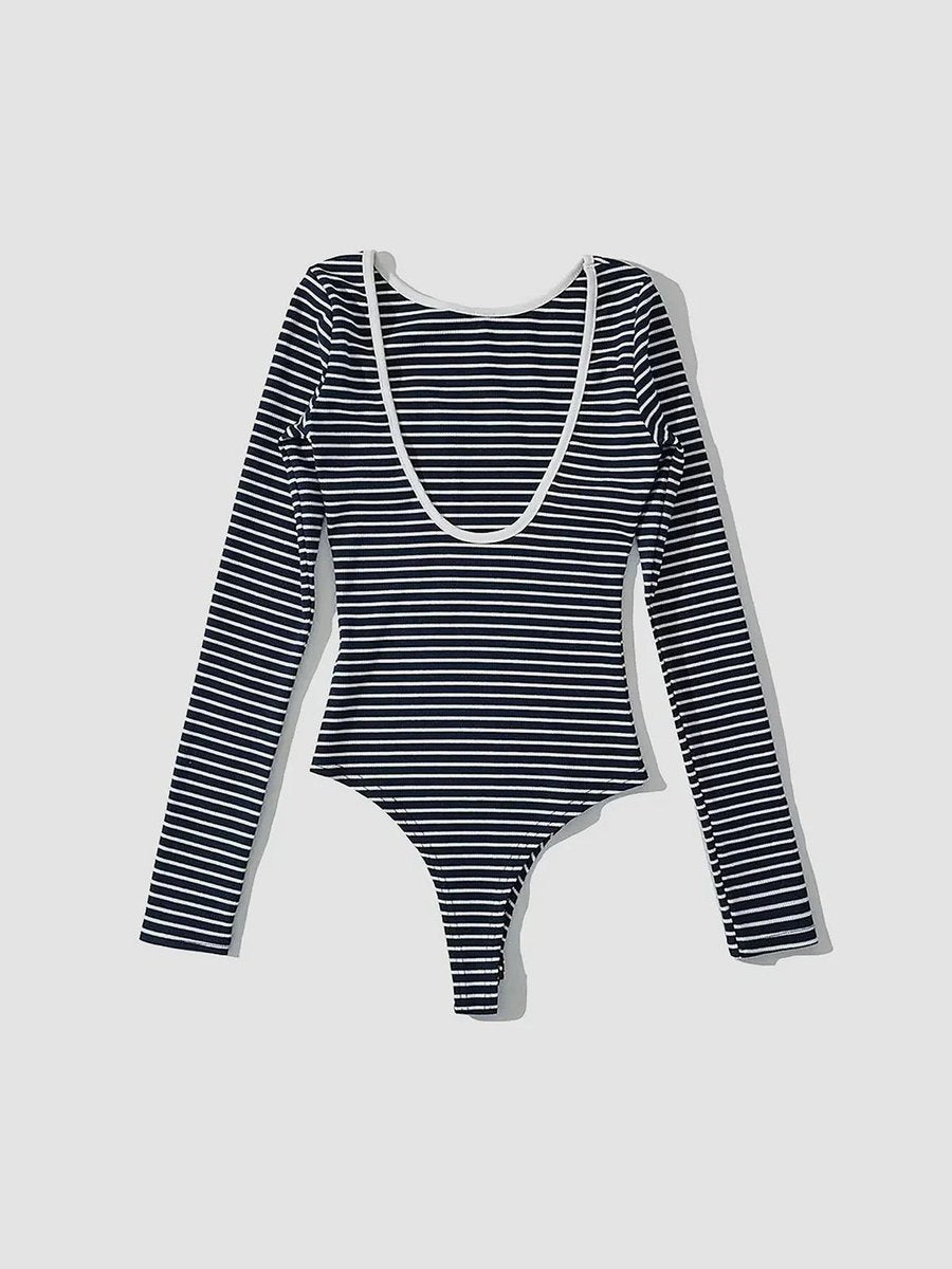 Women's Striped Long-Sleeve Open-Back Bodysuit Top