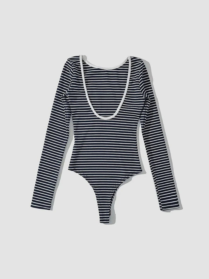 Women's Striped Long-Sleeve Open-Back Bodysuit Top
