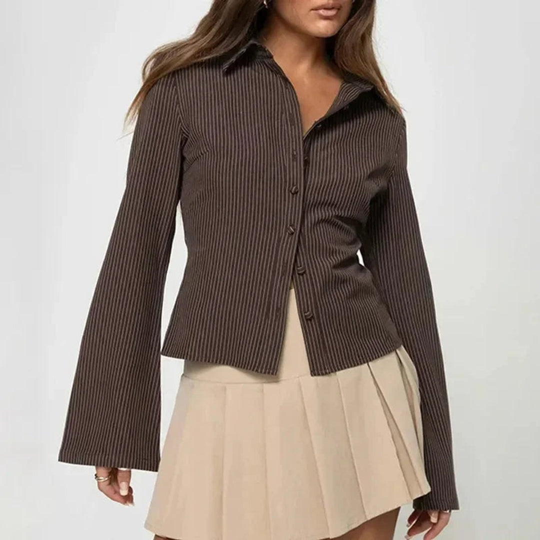 Women's Striped Long-Sleeve Vintage Blouse Flared Cuffs