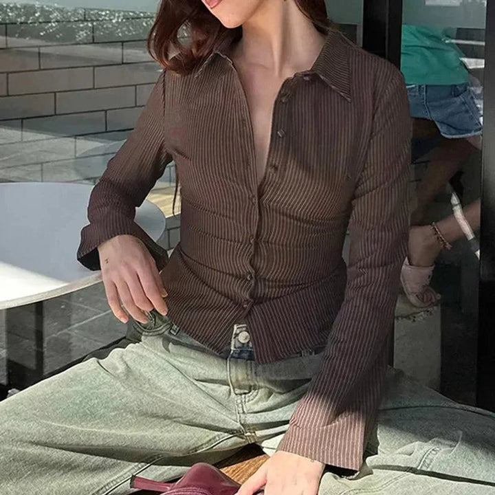 Women's Striped Long-Sleeve Vintage Blouse Flared Cuffs