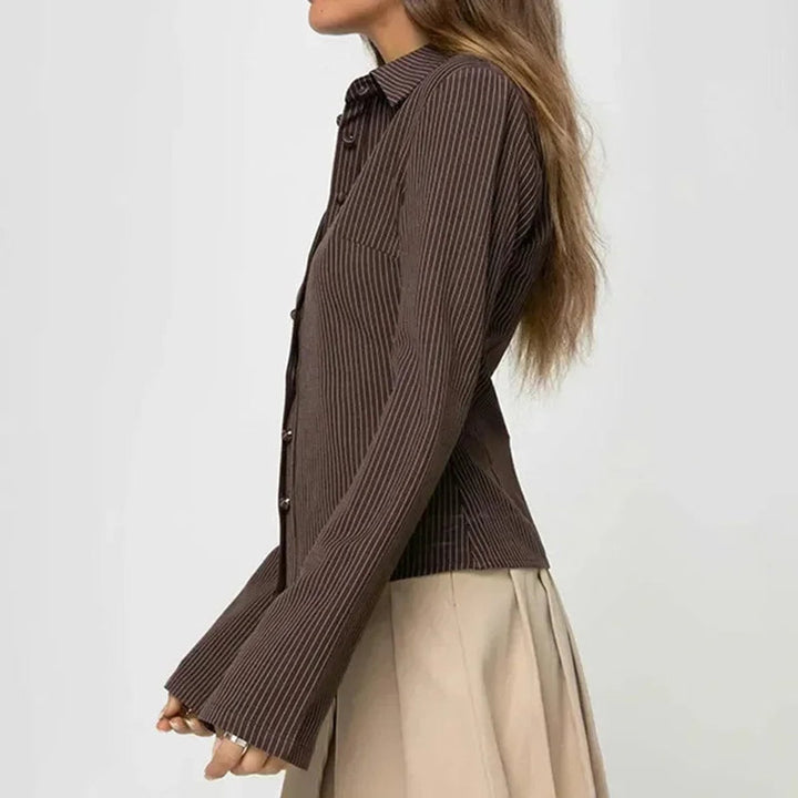 Women's Striped Long-Sleeve Vintage Blouse Flared Cuffs