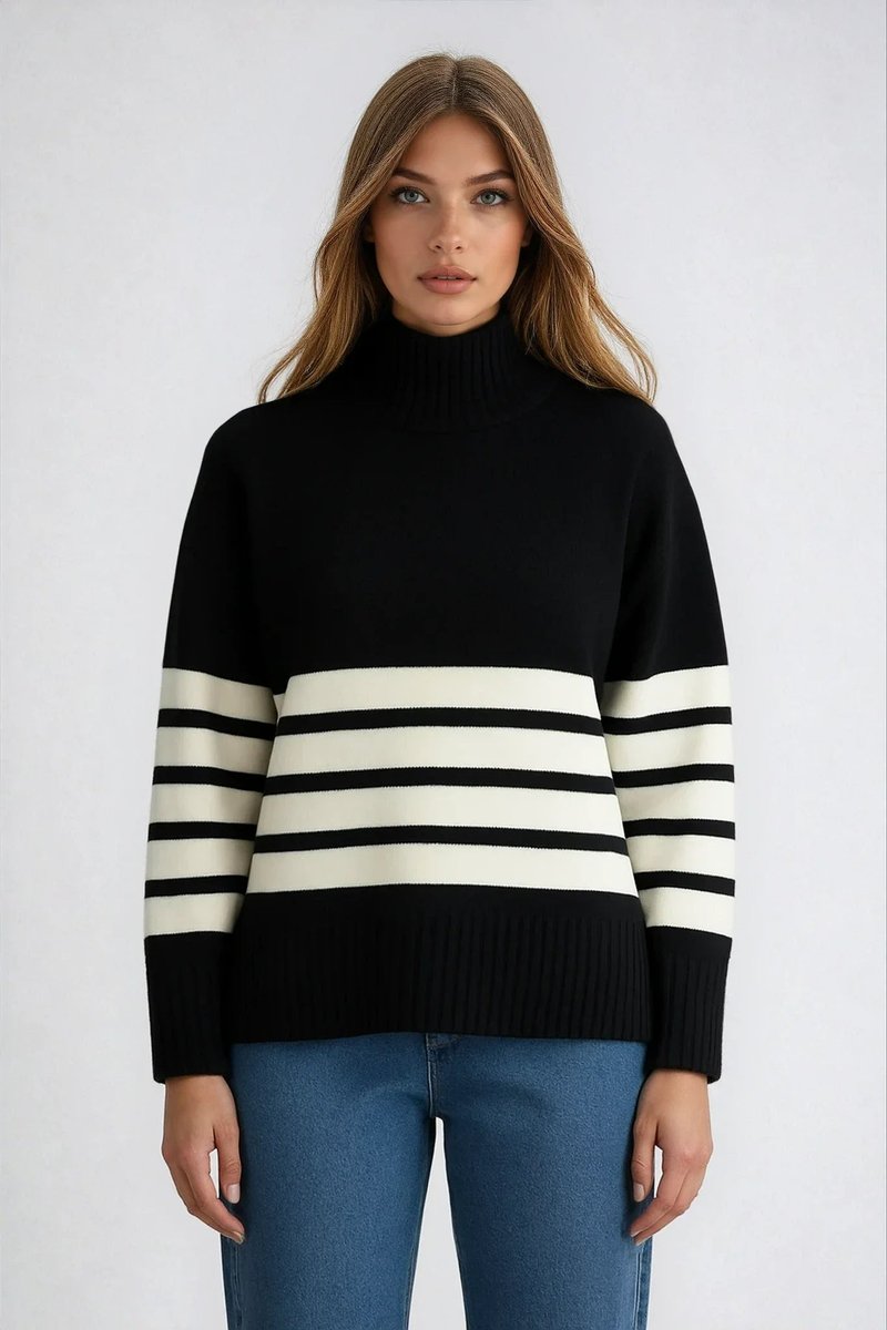 Women's Striped Roll Neck Knitted Jumper Oversized Fit