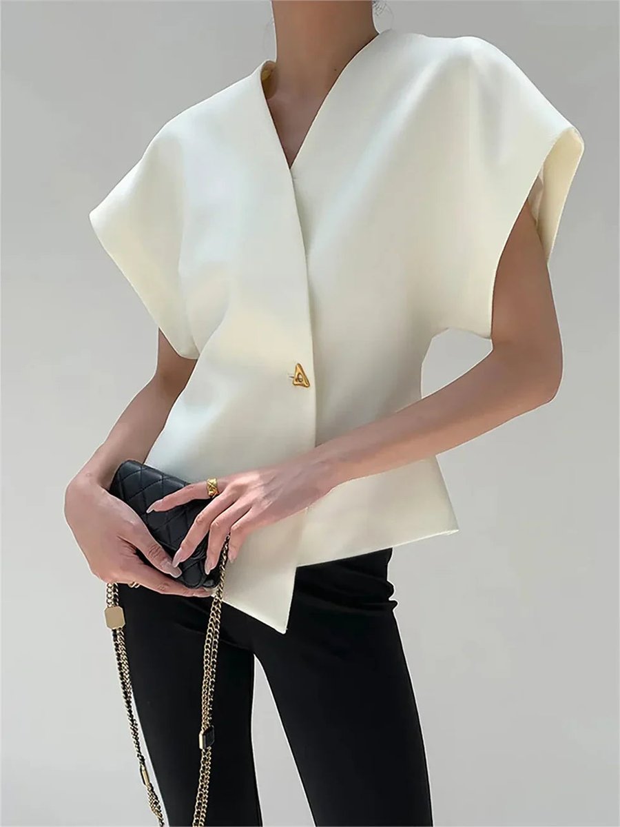 Women's Structured Blouse Asymmetric Hem Single Button Cape Sleeves