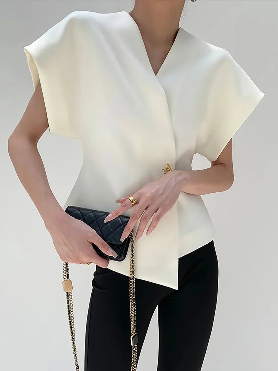 Women's Structured Blouse Asymmetric Hem Single Button Cape Sleeves