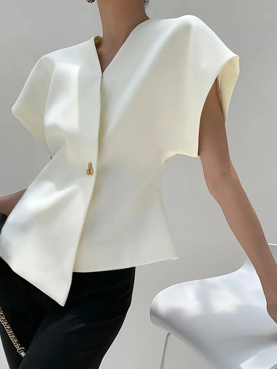 Women's Structured Blouse Asymmetric Hem Single Button Cape Sleeves