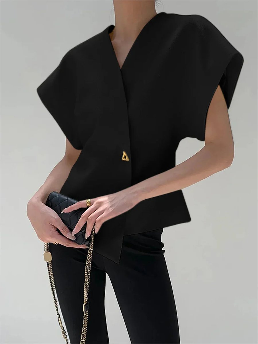 Women's Structured Blouse Asymmetric Hem Single Button Cape Sleeves