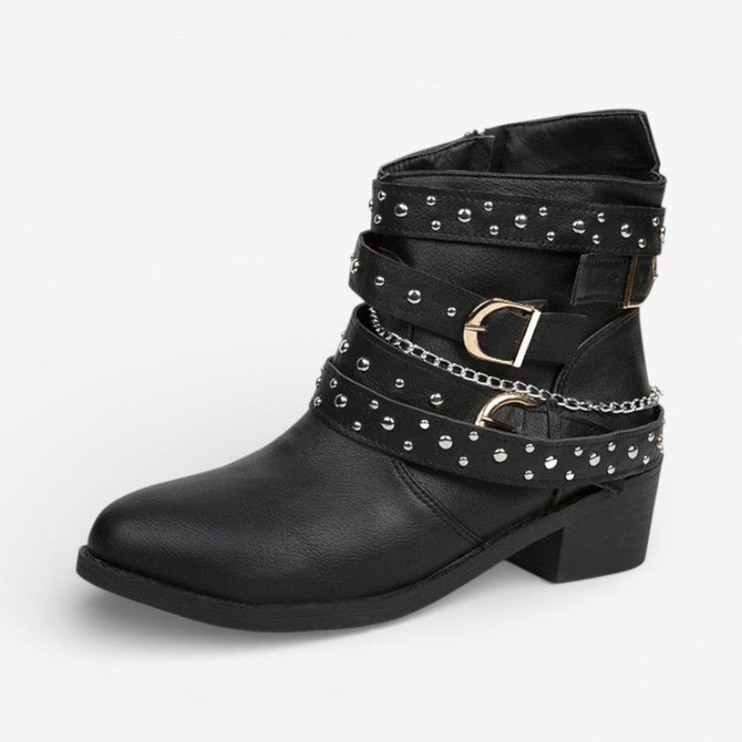 Women's Studded Buckle-Strap Block-Heel Ankle Boots