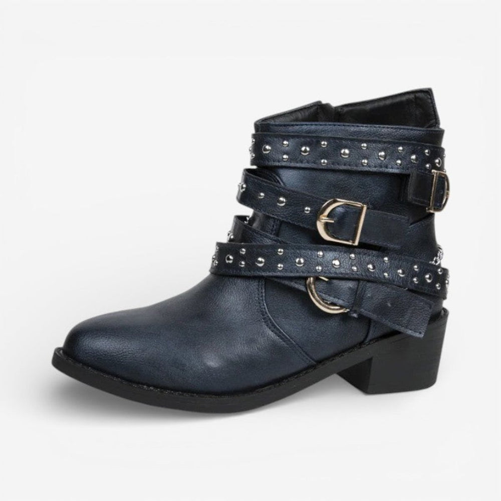 Women's Studded Buckle-Strap Block-Heel Ankle Boots