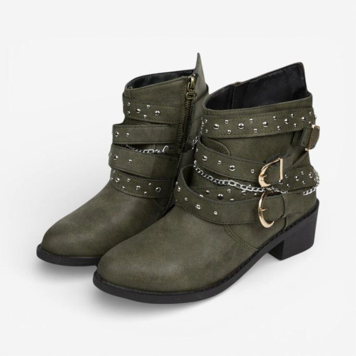 Women's Studded Buckle-Strap Block-Heel Ankle Boots