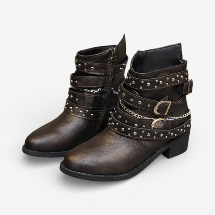 Women's Studded Buckle-Strap Block-Heel Ankle Boots