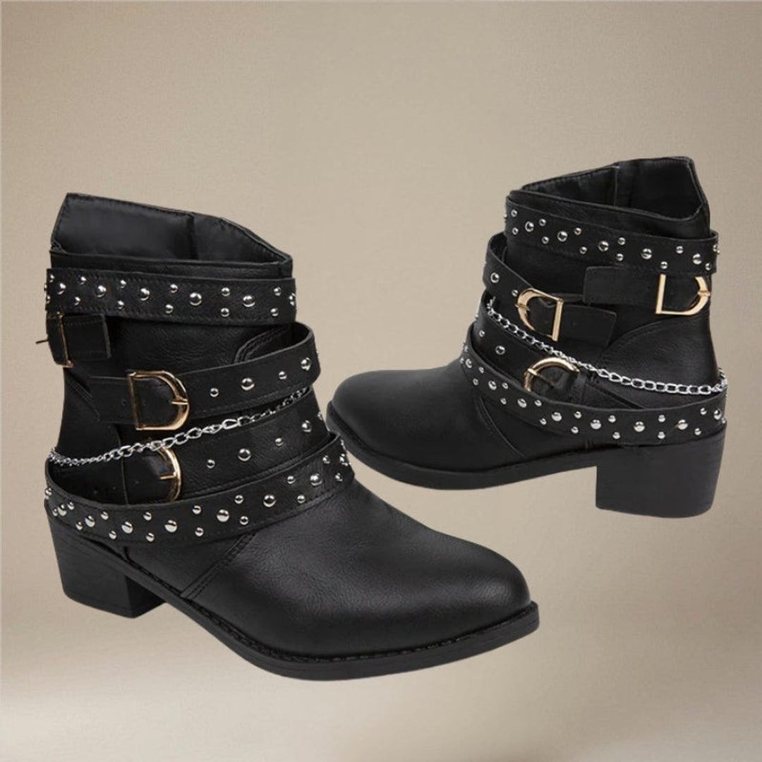 Women's Studded Buckle-Strap Block-Heel Ankle Boots