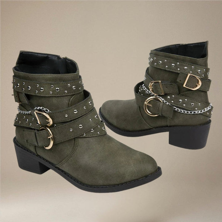 Women's Studded Buckle-Strap Block-Heel Ankle Boots