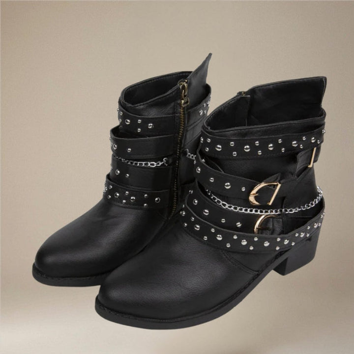 Women's Studded Buckle-Strap Block-Heel Ankle Boots