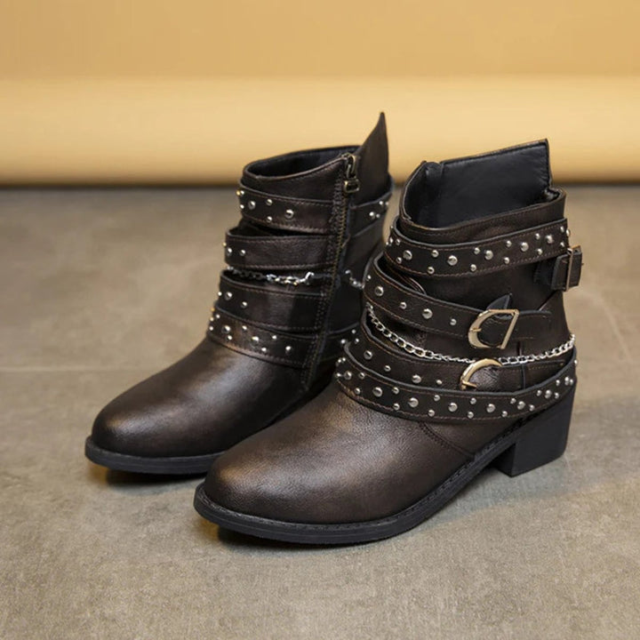 Women's Studded Buckle-Strap Block-Heel Ankle Boots