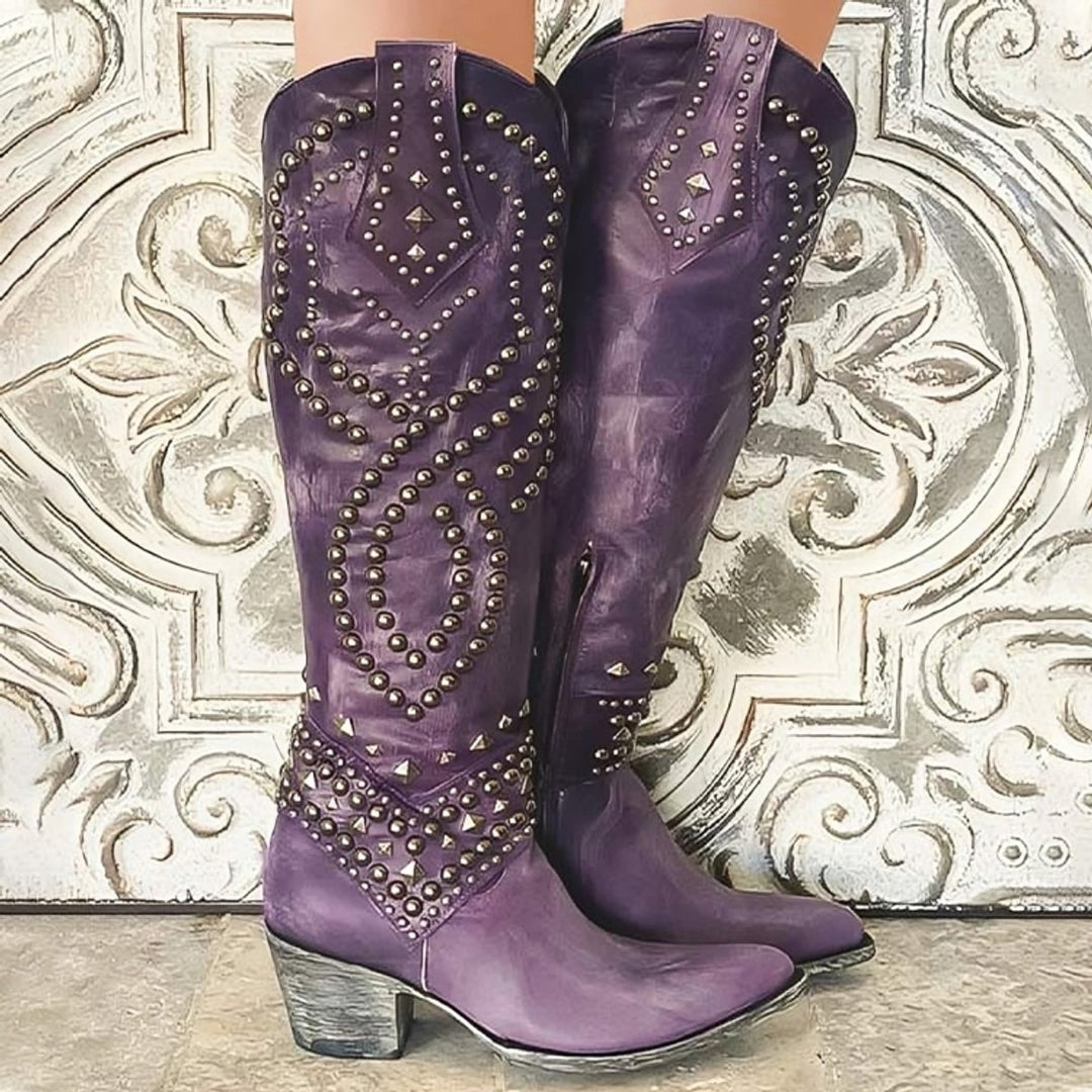 Women's Studded Knee-High Block-Heel Leather Boots - Purple