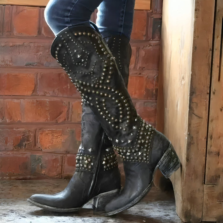 Women's Studded Knee-High Block-Heel Leather Boots - Black