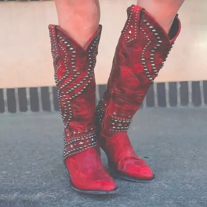 Women's Studded Knee-High Block-Heel Leather Boots - Red