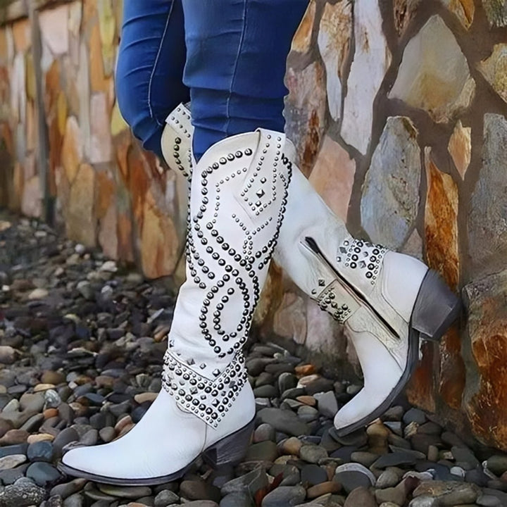 Women's Studded Knee-High Block-Heel Leather Boots - White