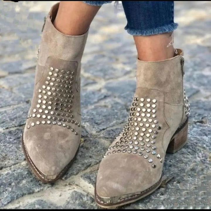 Women's Studded Suede Block-Heel Ankle Boots Pointed Toe