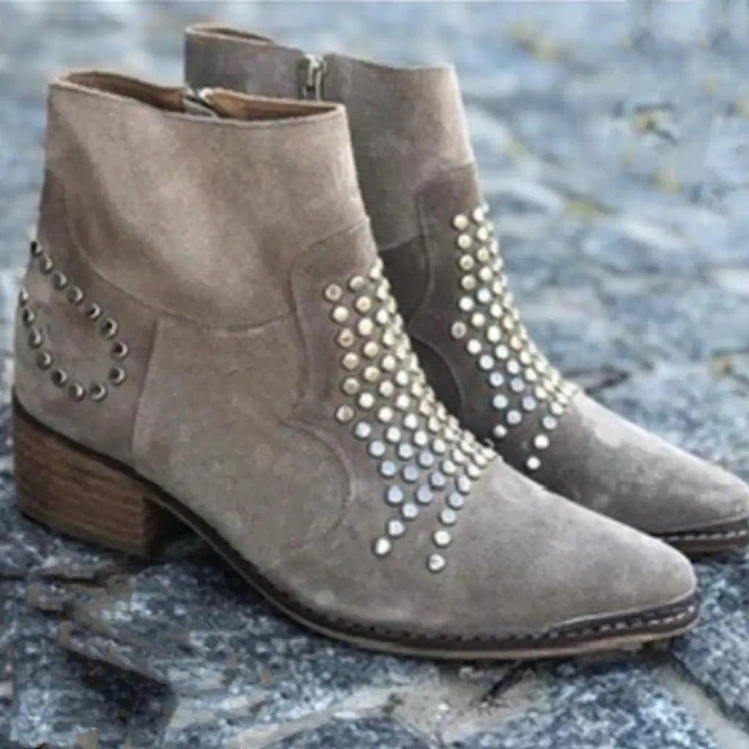 Women's Studded Suede Block-Heel Ankle Boots Pointed Toe