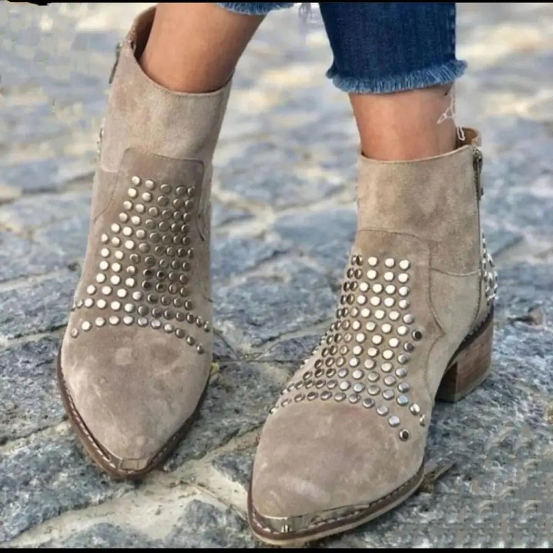 Women's Studded Suede Block-Heel Ankle Boots Side-Zip Pointed Toe