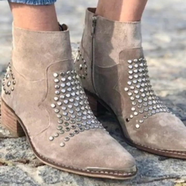 Women's Studded Suede Block-Heel Ankle Boots Side-Zip Pointed Toe