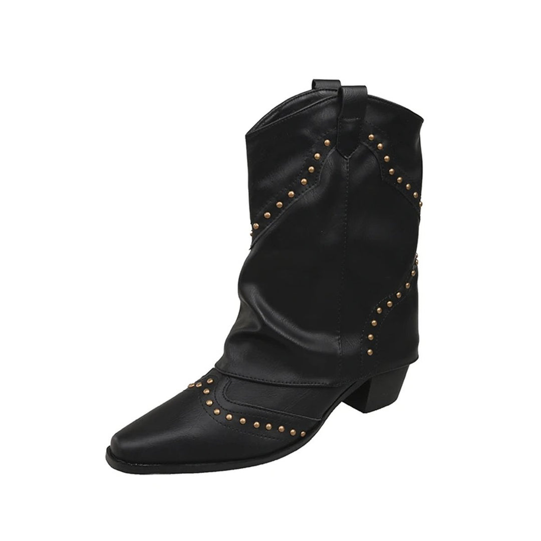 Women's Studded Western Heeled Ankle Boots Block-Heel Mid-Calf - Black