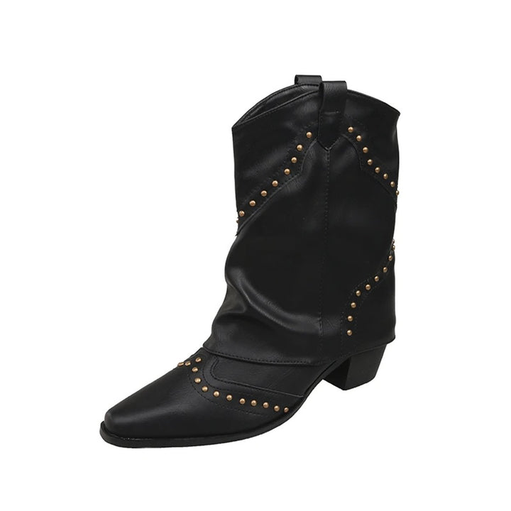 Women's Studded Western Heeled Ankle Boots Block-Heel Mid-Calf - Black