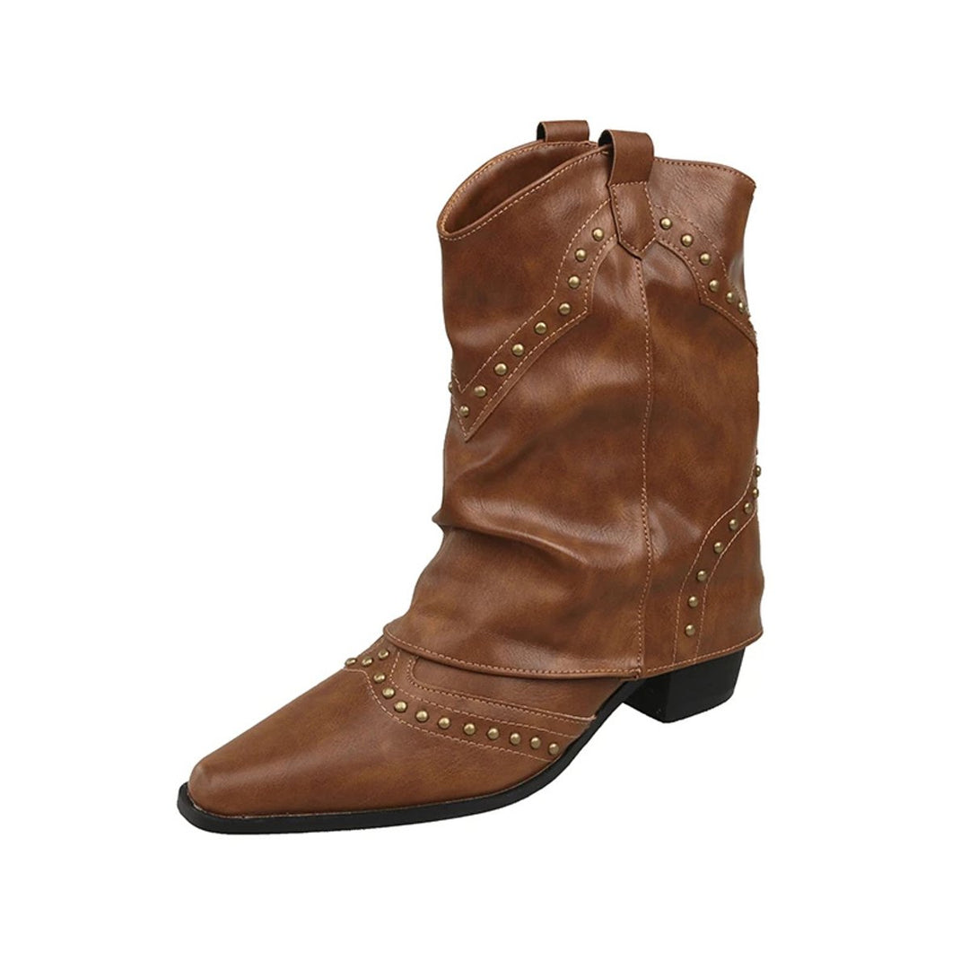 Women's Studded Western Heeled Ankle Boots Block-Heel Mid-Calf - Brown