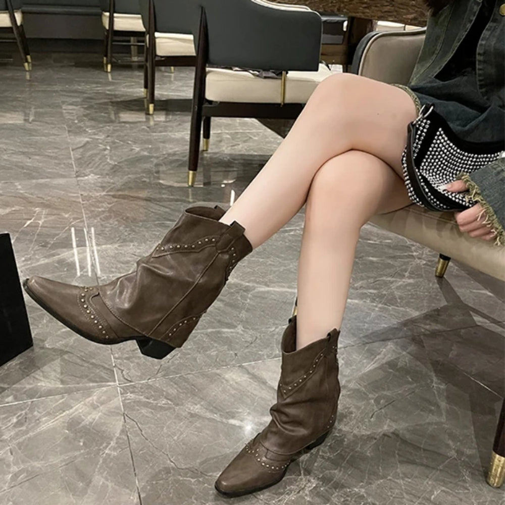 Women's Studded Western Heeled Ankle Boots Block-Heel Mid-Calf
