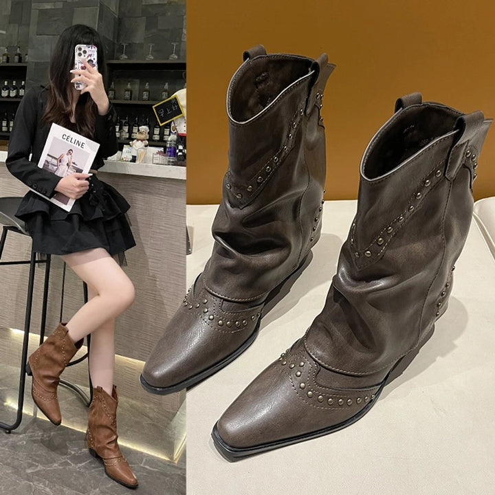 Women's Studded Western Heeled Ankle Boots Block-Heel Mid-Calf