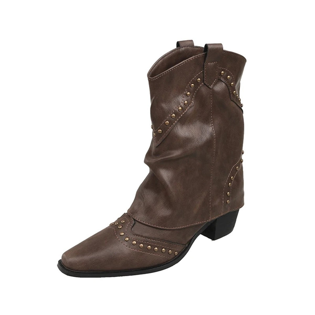 Women's Studded Western Heeled Ankle Boots Block-Heel Mid-Calf - Dark Brown
