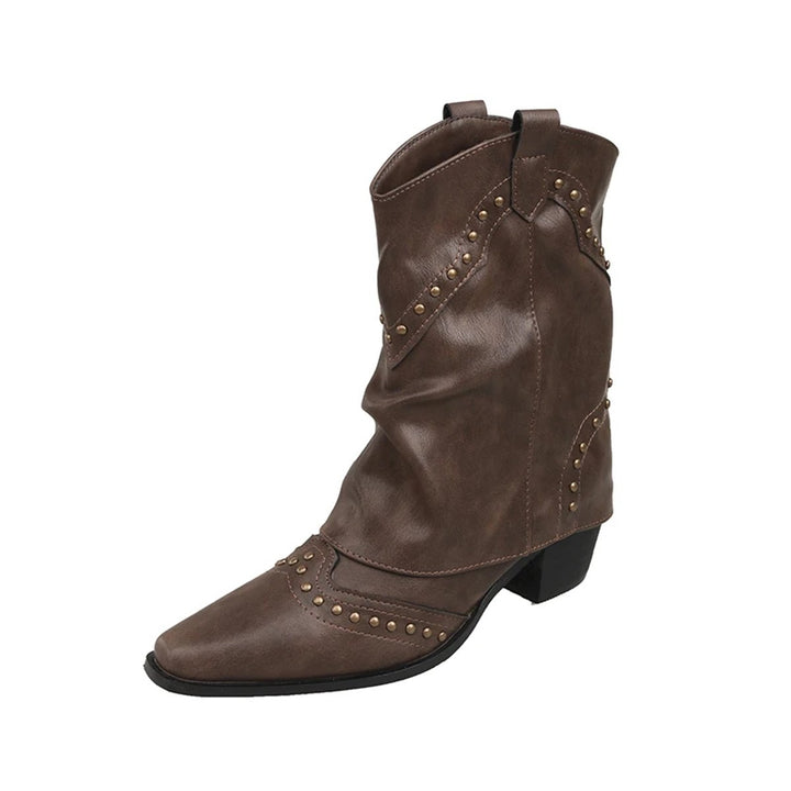 Women's Studded Western Heeled Ankle Boots Block-Heel Mid-Calf - Dark Brown