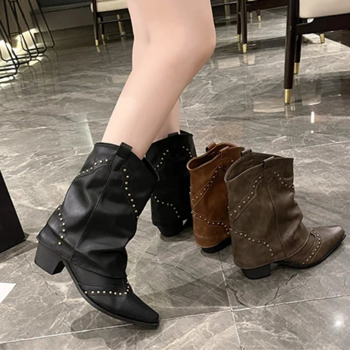 Women's Studded Western Heeled Ankle Boots Block-Heel Mid-Calf