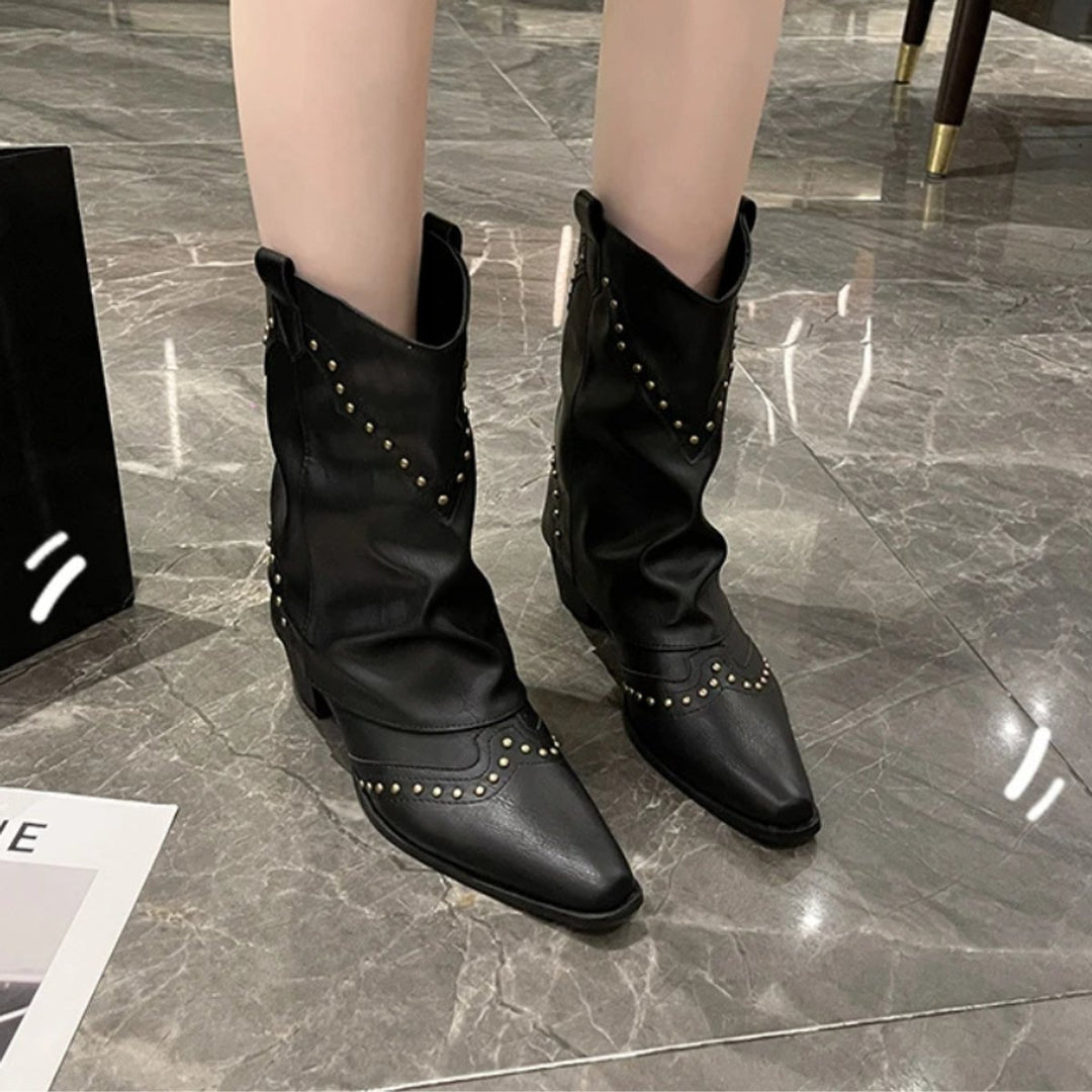 Women's Studded Western Heeled Ankle Boots Block-Heel Mid-Calf