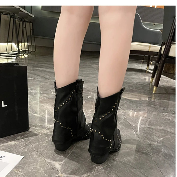 Women's Studded Western Heeled Ankle Boots Block-Heel Mid-Calf