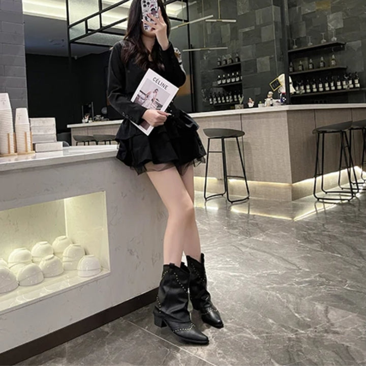 Women's Studded Western Heeled Ankle Boots Block-Heel Mid-Calf