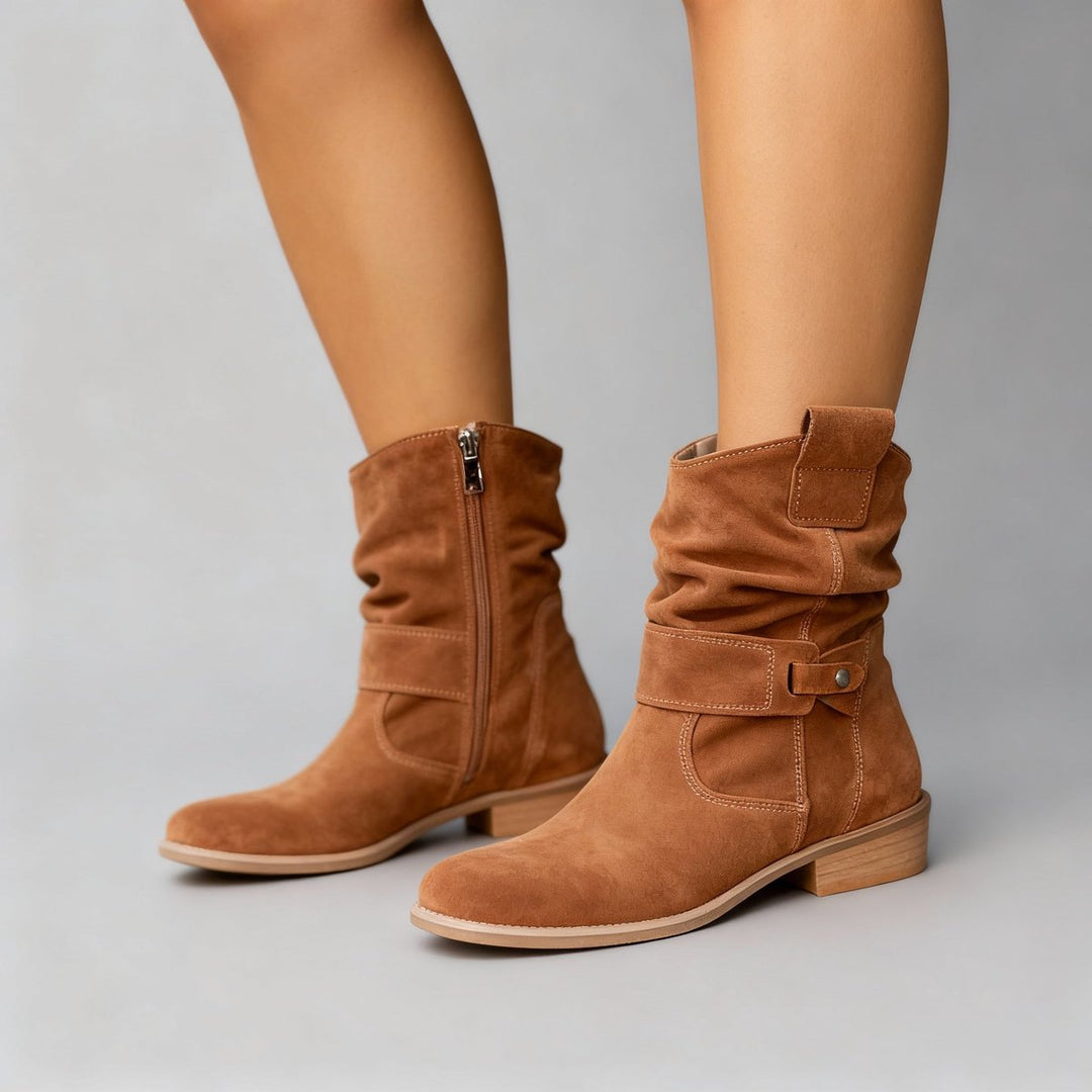 Women's Suede Block-Heel Ankle Boots Slouchy Zip-Up - Texan Brown