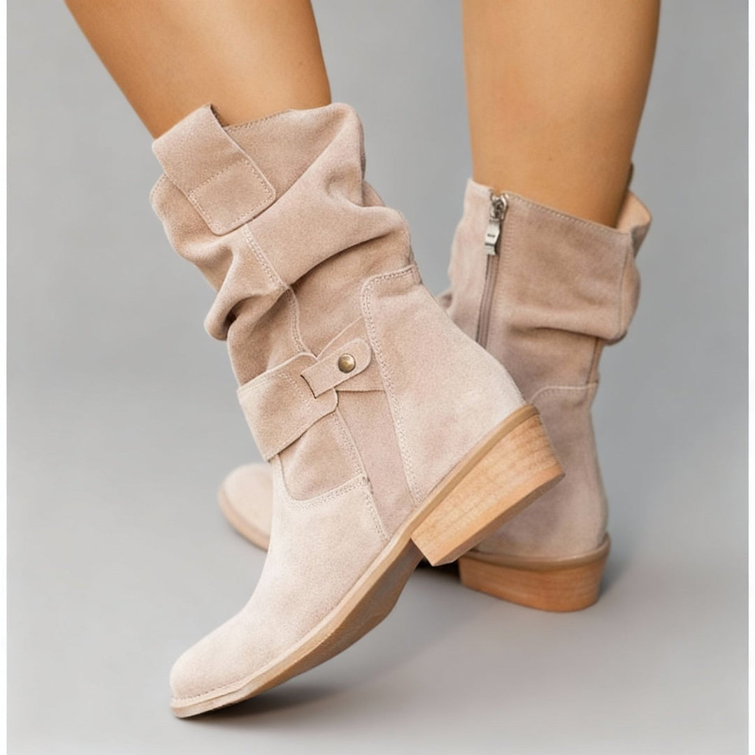 Women's Suede Block-Heel Slouch Ankle Boots Side-Zip - Suede Beige