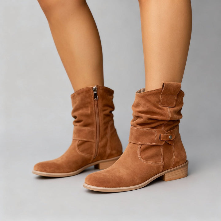 Women's Suede Block-Heel Slouch Ankle Boots Side-Zip - Texan Brown