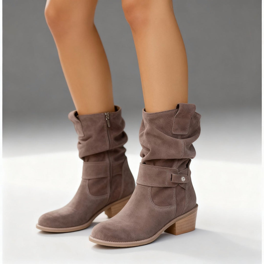 Women's Suede Block-Heel Slouch Ankle Boots Side-Zip - Alabaster Beige