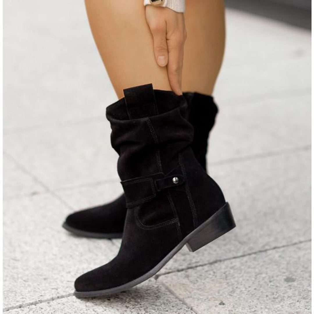 Women's Suede Block-Heel Slouch Ankle Boots Side-Zip - Manhattan Black