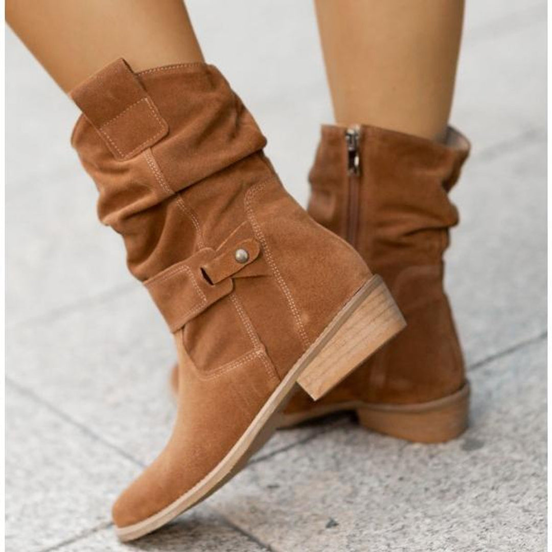 Women's Suede Block-Heel Slouch Ankle Boots Side-Zip