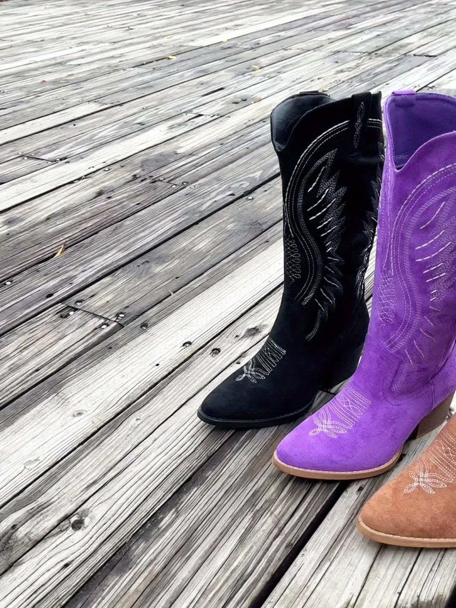 Women's Suede Embroidered Block-Heel Knee-High Western Boots
