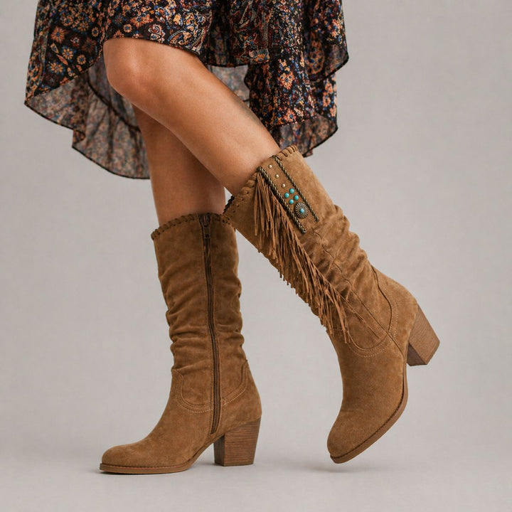 Women's Suede Knee-High Block-Heel Fringe Western Boots