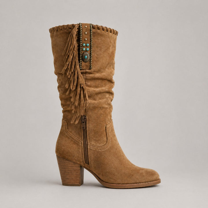 Women's Suede Knee-High Block-Heel Fringe Western Boots
