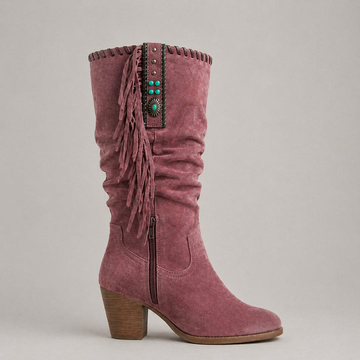 Women's Suede Knee-High Block-Heel Fringe Western Boots